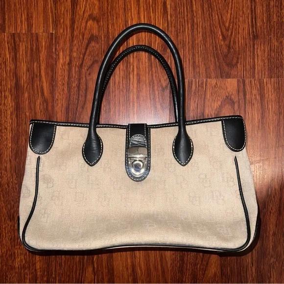 Dooney & Bourke Beige Canvas Shoulder Bag with Black Trim - Picture 1 of 12